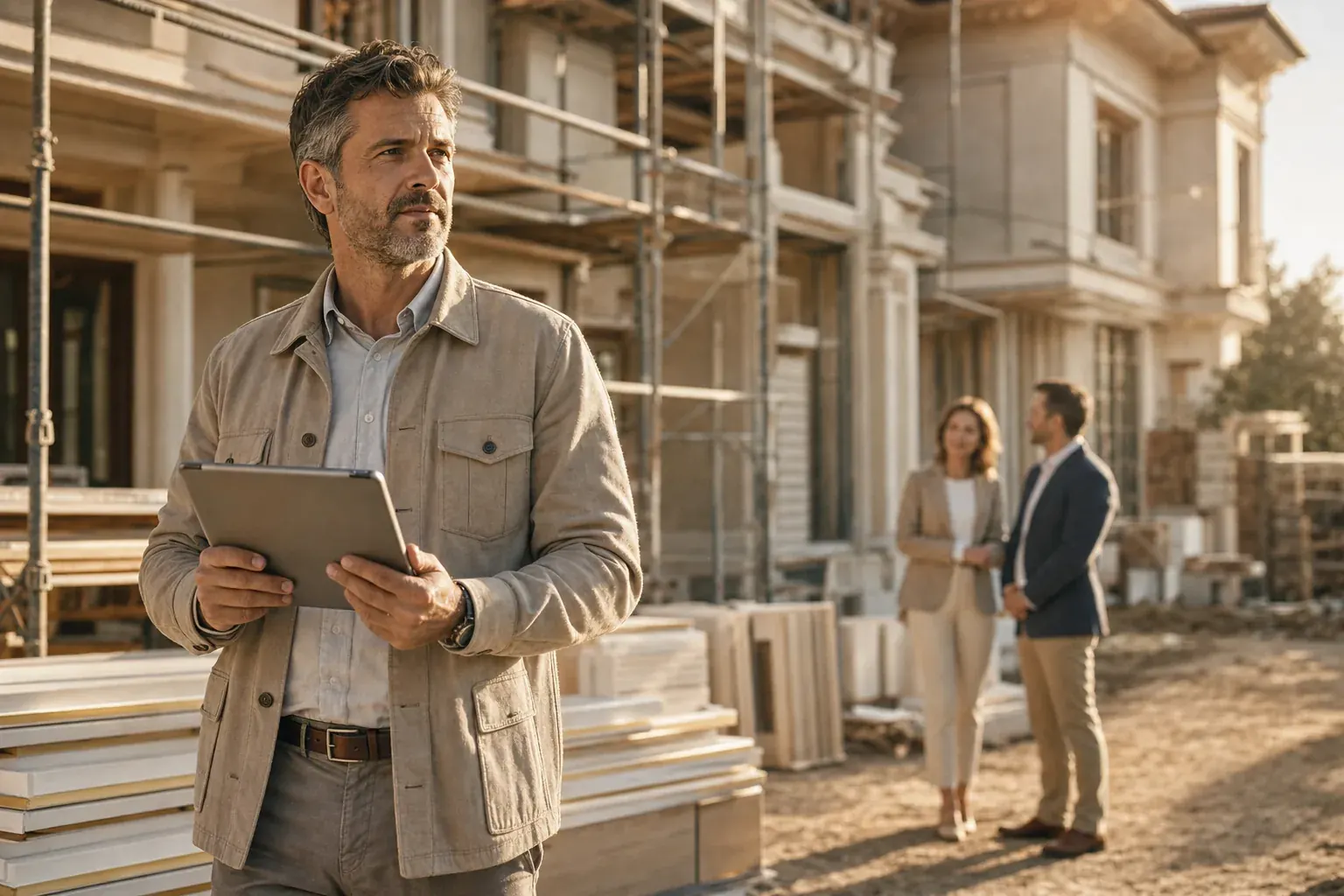 Engenheiro civil com tablet revisando o andamento de uma obra residencial organizada na Bahia