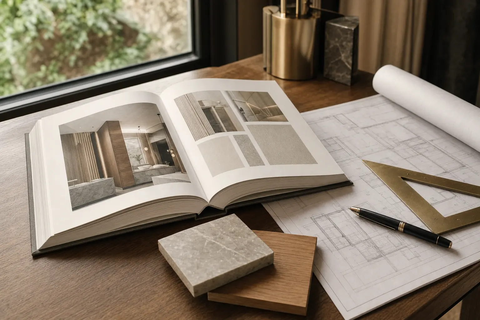 Caderno de especificações aberto sobre mesa, ao lado de planta arquitetônica, esquadro e amostras de pedra e madeira