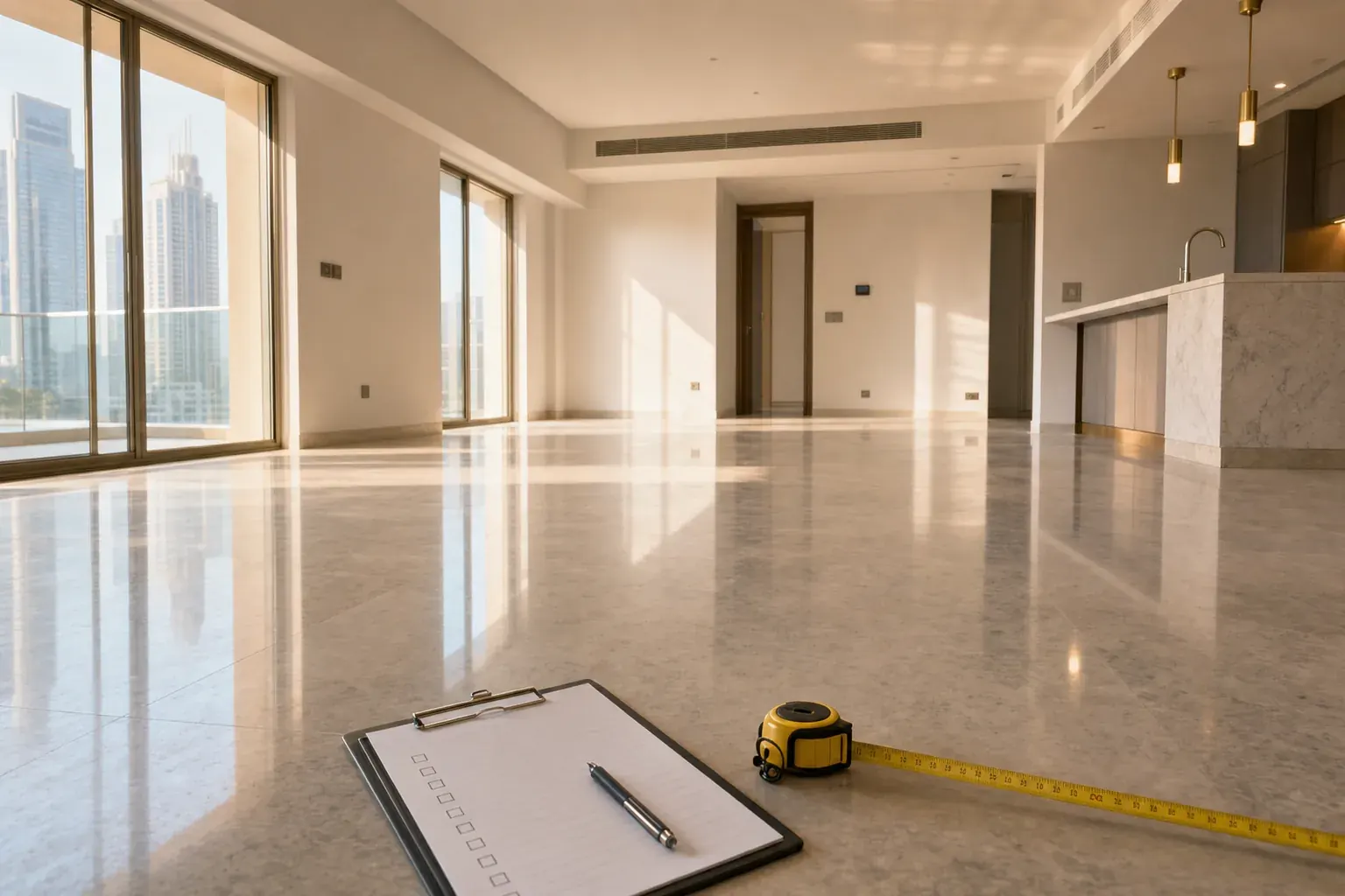 Engenheiro fazendo vistoria de entrega em apartamento novo vazio em Salvador, Bahia